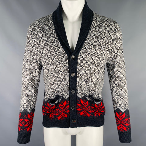 BROOKS BROTHERS Taille M Cardigan col châle gris rouge en mélange de laine mérinos nordique