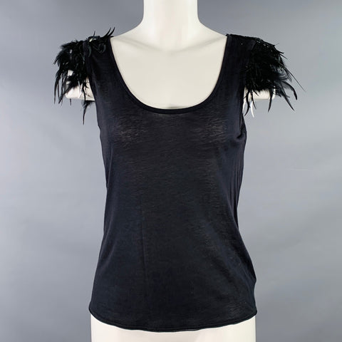 Débardeur vintage taille S en coton mélangé noir, perlé, avec plumes, décontracté