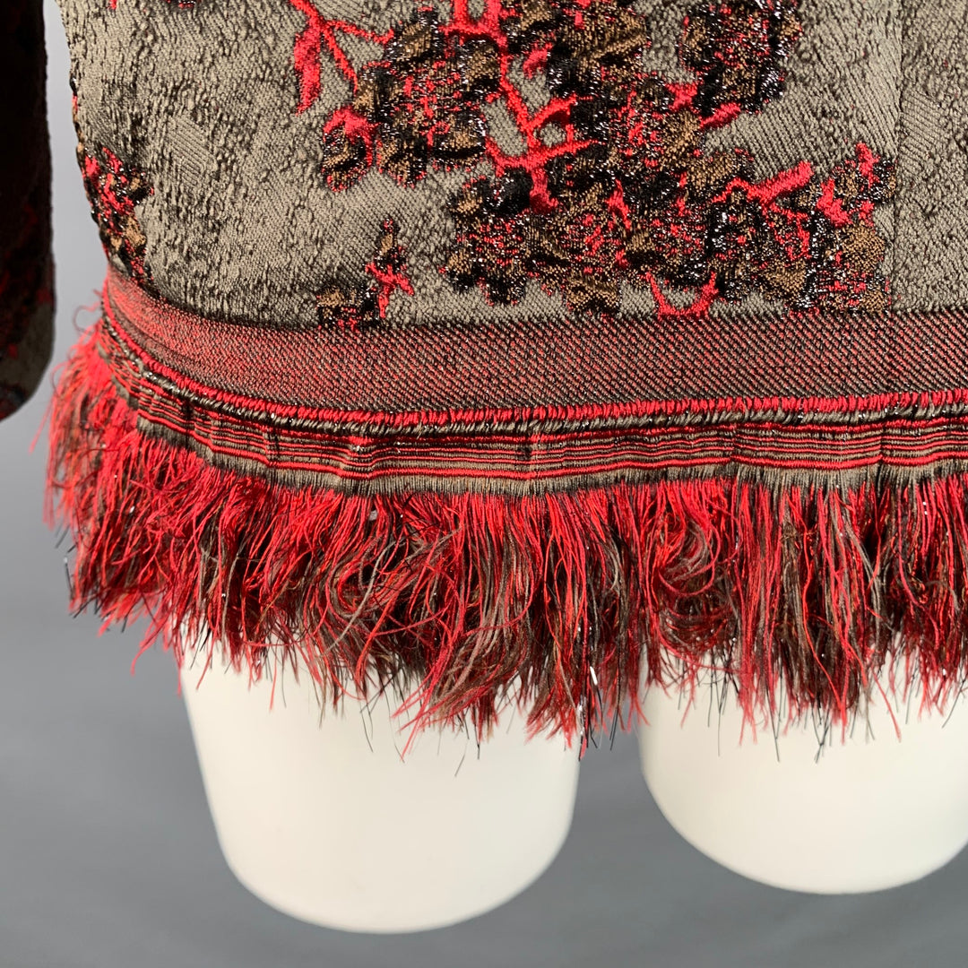 DRIES VAN NOTEN Size M Brown Red Jacquard Brocade Fringed Dress Top