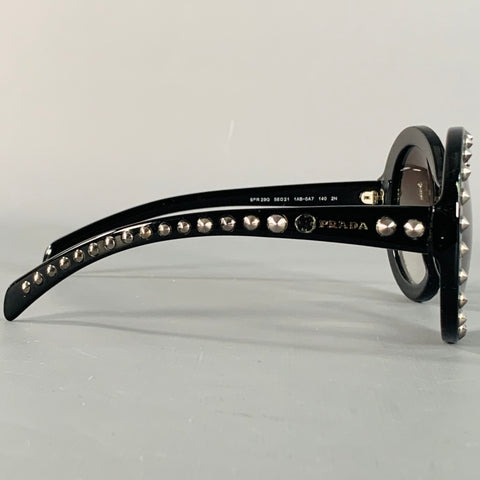 PRADA Black Silver Studded Acetate Oversized Round Sunglasses