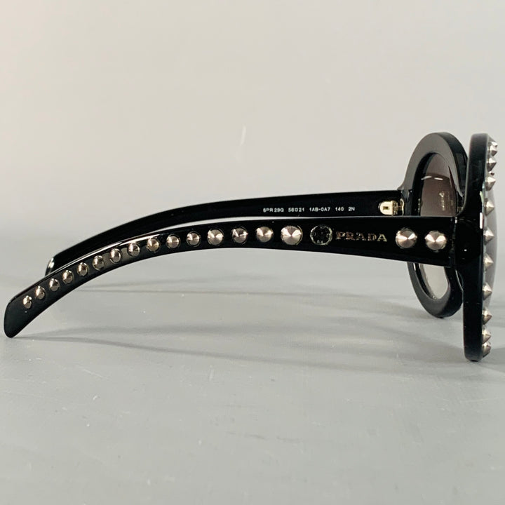 PRADA Black Silver Studded Acetate Oversized Round Sunglasses