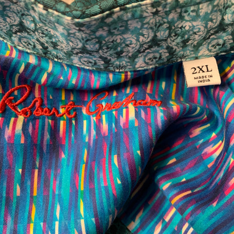 ROBERT GRAHAM Size XXL Teal Geometric Cotton Button Up Long Sleeve Shirt