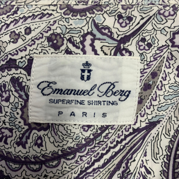 EMANUEL BERG Size XL White Purple Paisley Cotton Spread Collar Long Sleeve Shirt