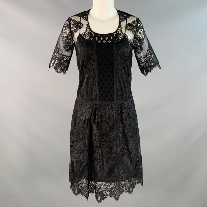 BURBERRY Size XS Black Lace Short Sleeve Drop Waist Knee Length Cocktail Dress