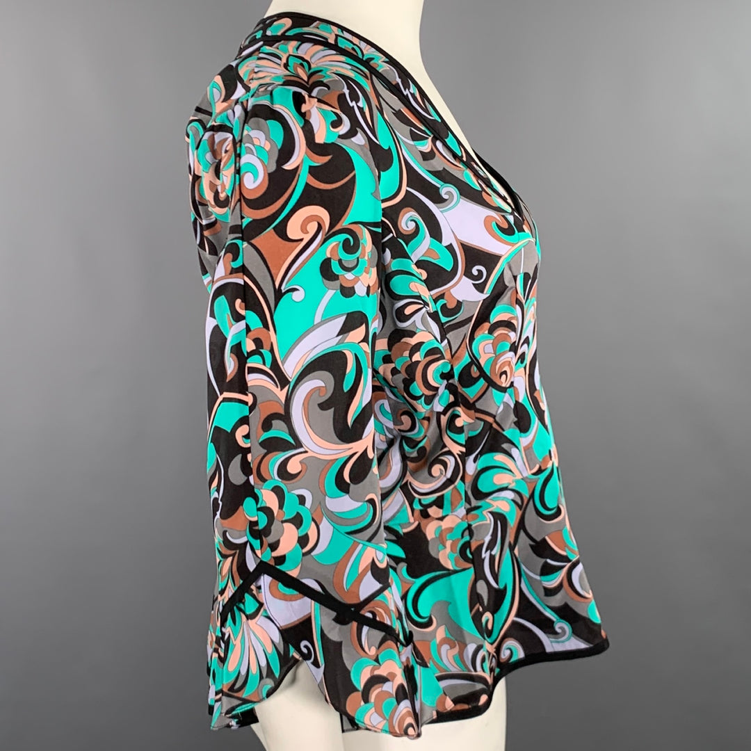 NANETTE LEPORE Size 10 Green Black Silk Abstract Wrap Around Blouse