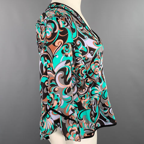 NANETTE LEPORE Size 10 Green Black Silk Abstract Wrap Around Blouse