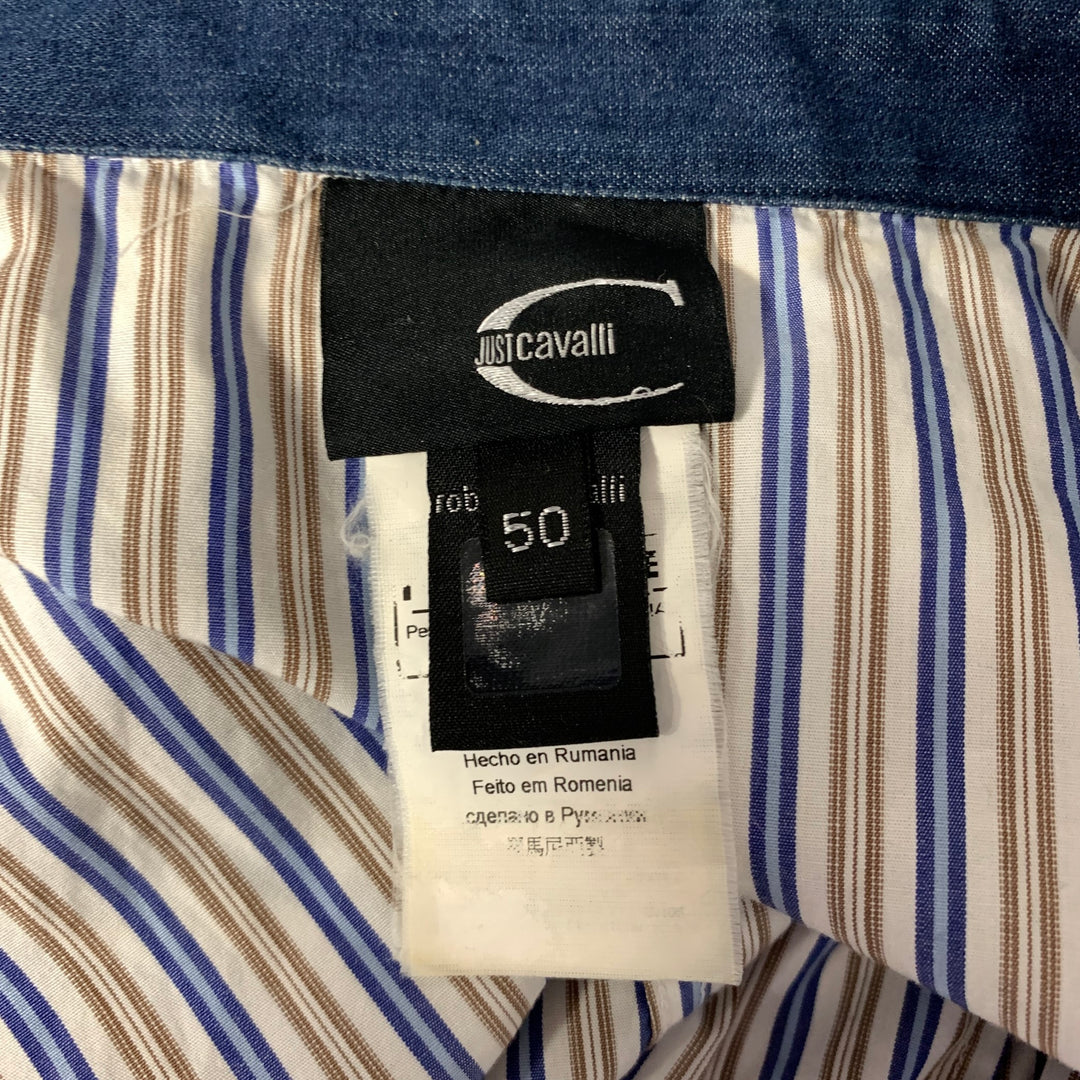 JUST CAVALLI Size M White Blue Brown Stripe Cotton Long Sleeve Shirt