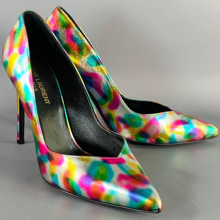 SAINT LAURENT Size 7.5 Metallic Silver Multi Color Leather Stiletto Pumps