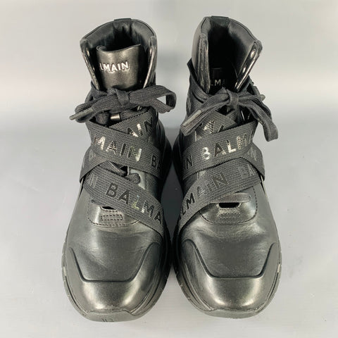 BALMAIN Size 6,  B-Troop Black Leather High Top Webbing Sneakers