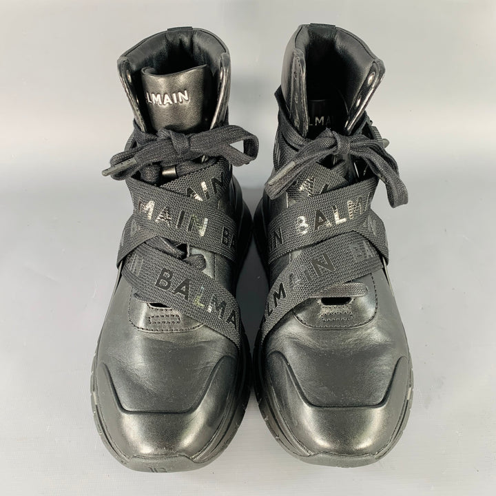 BALMAIN Size 9 B-Troop Black Leather High Top Webbing Sneakers