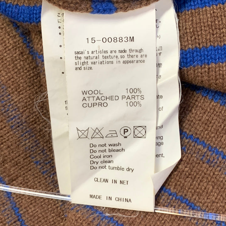 SACAI Size XL Brown Blue Orange Stripe Wool One Pocket Crew Neck Sweater