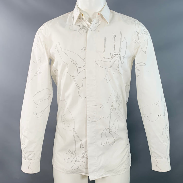 PAUL SMITH Size S White Grey Print Cotton Spread Collar Long Sleeve Shirt