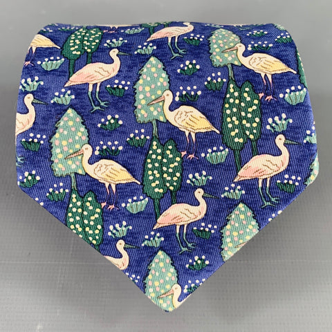 HERMES Blue Multi Color Birds Silk Tie