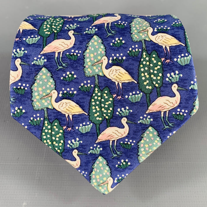 HERMES Blue Multi Color Birds Silk Tie