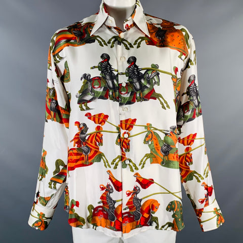 BILLIONAIRE COUTURE Size XL White Green Orange Print Silk Long Sleeve Shirt