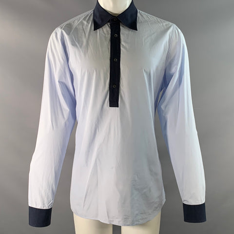 PRADA Size XL Navy Light Blue Cotton Long placket Long Sleeve Shirt