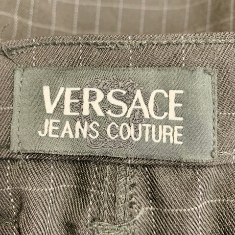 VERSACE JEANS Size 24 Black Grey Wool Blend Windowpane A-Line Mini Skirt