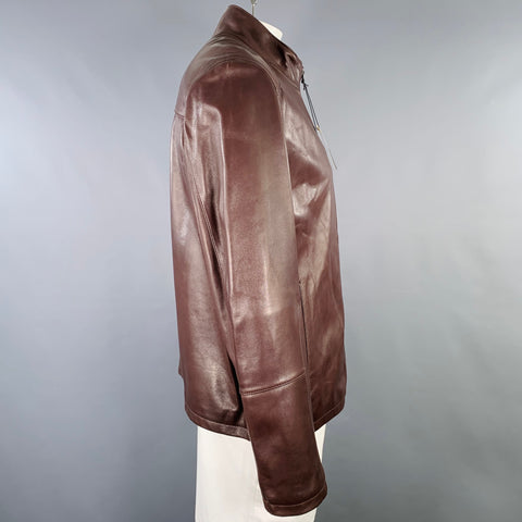COLE HAAN Size XL Brown Lambskin Leather Zip Up Jacket