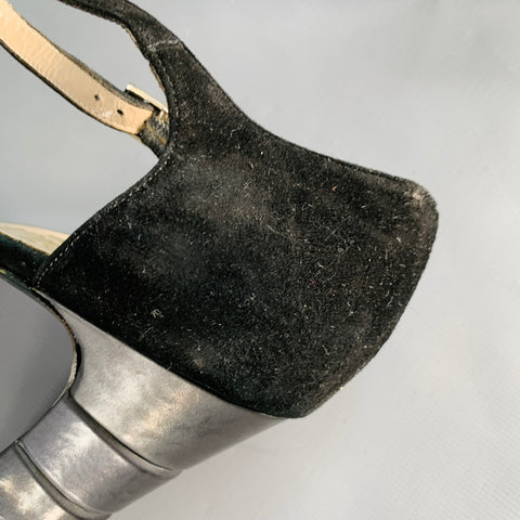 SALVATORE FERRAGAMO Size 9 Black Suede Peep Toe Stacked Heel Ankle Strap Sandals