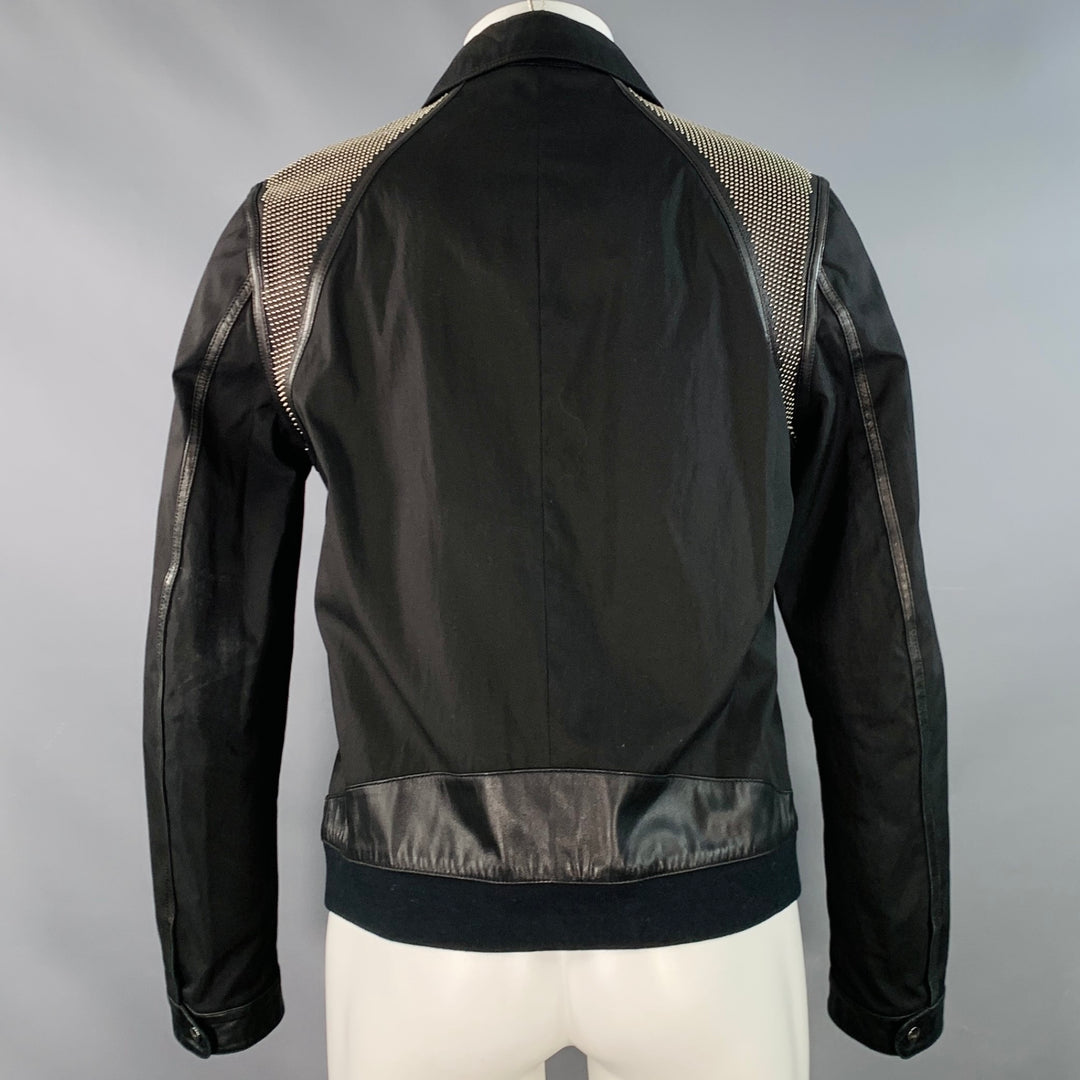 VERSACE Size M Black Silver Studded Cotton Blend Leather Trim Zip Up Jacket