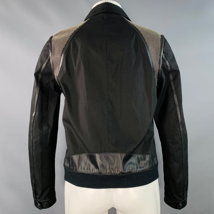 VERSACE Size M Black Silver Studded Cotton Blend Leather Trim Zip Up Jacket