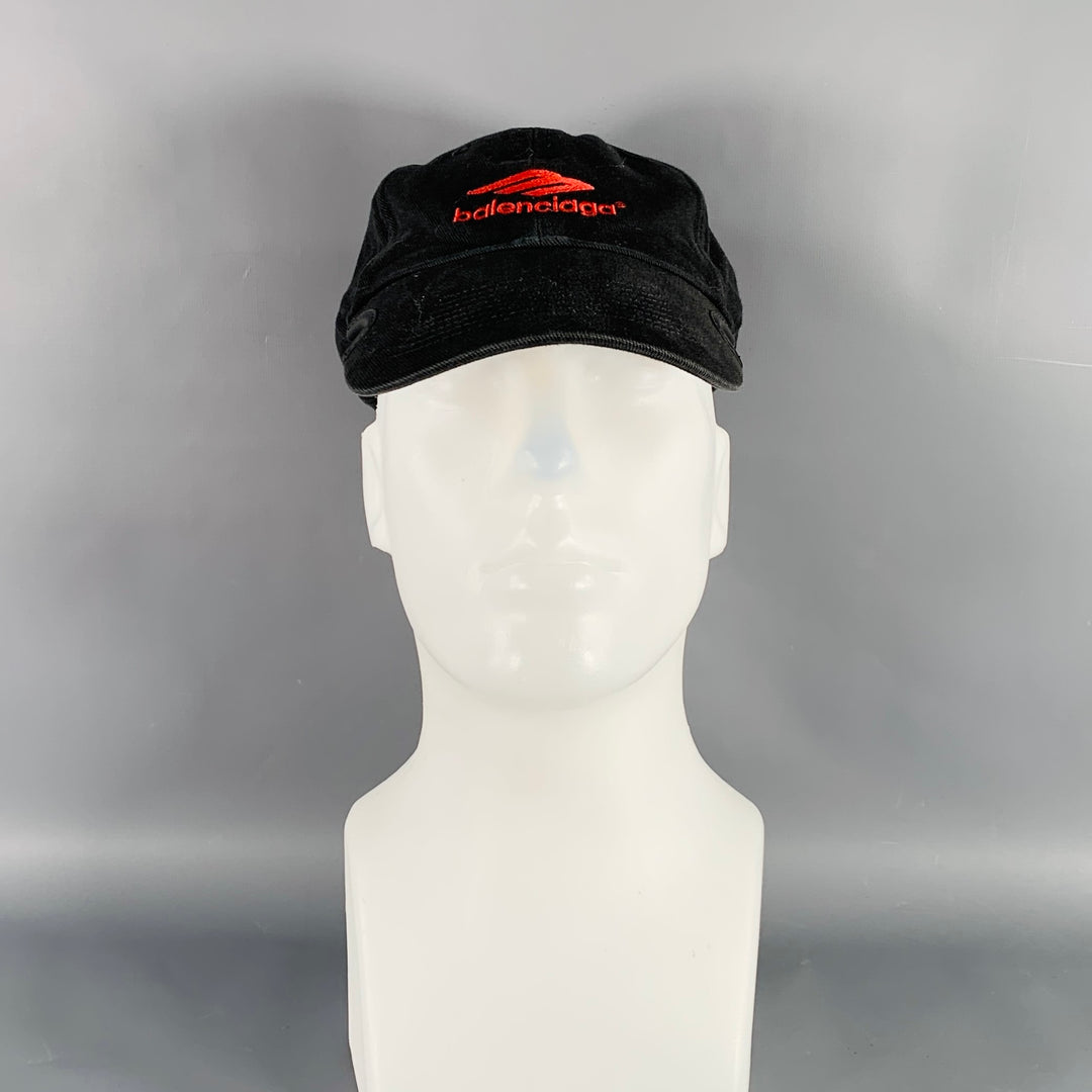 BALENCIAGA Size L Black Red Logo Cotton Baseball Cap Hat  display picture 1