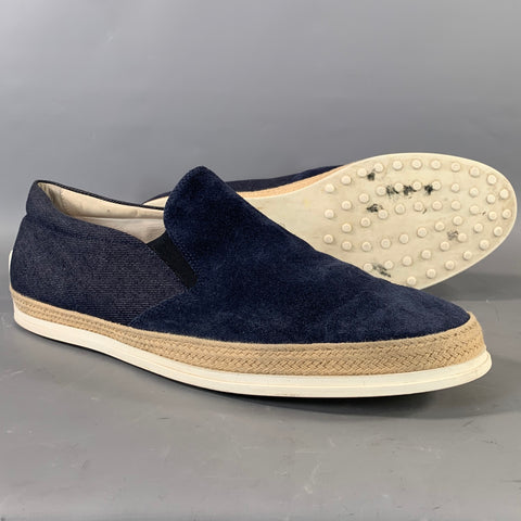 TOD'S Size 10.5 Navy Textured Suede & Canvas Slip On Loafers