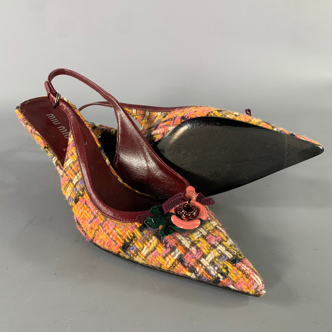 MIU MIU Size 7 Burgundy Wool Tweed Slingback Pumps