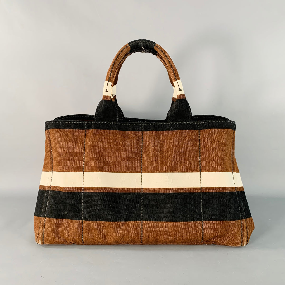 PRADA Canapa Brown Black White Stripe Canvas Open Top Tote Handbag