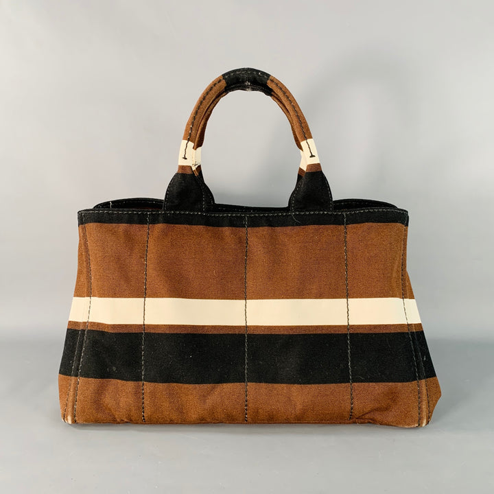 PRADA Canapa Brown Black White Stripe Canvas Open Top Tote Handbag
