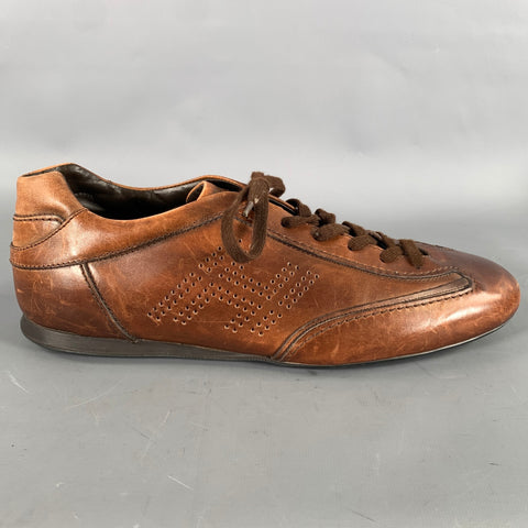 HOGAN Size 11 Brown Distressed Leather Soccer Sneakers