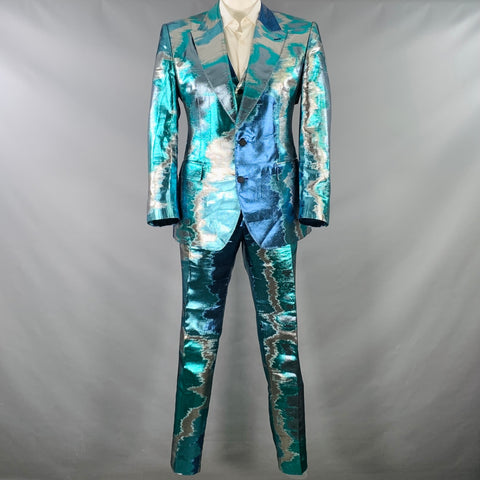 DOLCE & GABBANA Silicia Size 46 Blue Silver Metallic Marbled Polyester Silk 3 Piece Suit