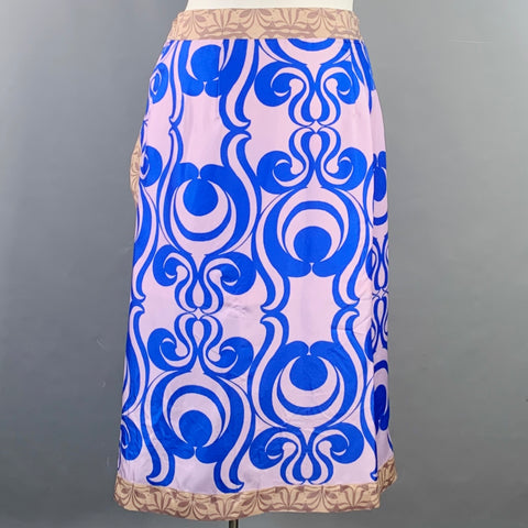 Jupe midi asymétrique DRIES VAN NOTEN T 40 en soie avec motifs tourbillons bleus et mauves