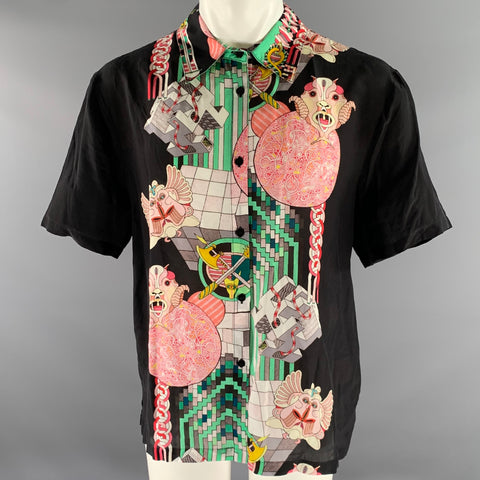 GORMAN Size 12 Black Pink Green Silk Viscose Print Pointed Collar Shirt