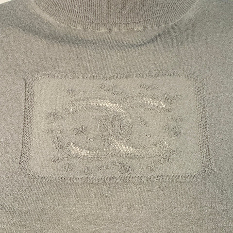 CHANEL Vintage Spring 2003 Size 8 Black Rayon Blend Jersey Logo Turtleneck Casual Top