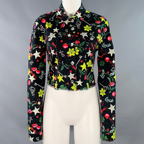LIU JO Size M Black Multi Color Cotton Blend Print Raw Edge Cropped Jacket