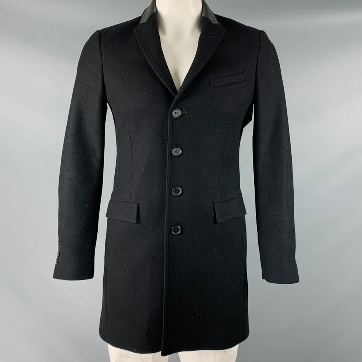 THE KOOPLES Size 44 Black Wool Blend Leather Trim Peak Lapel Coat