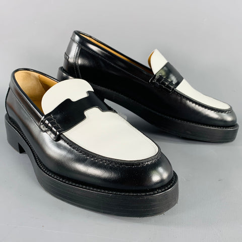 HERMES Size 7 Kennedy Black White Leather Color Block Penny Loafers Flats