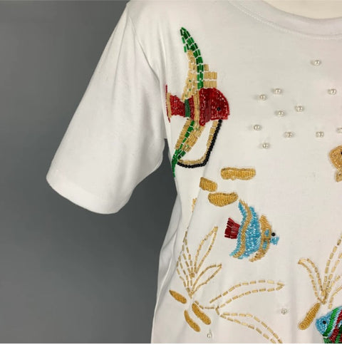 BOB MACKIE Size S White Polyester Cotton Beaded Fish Short Sleeve T-Shirt