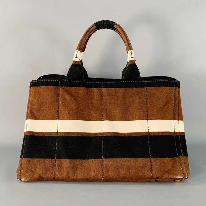 PRADA Canapa Brown Black White Stripe Canvas Open Top Tote Handbag
