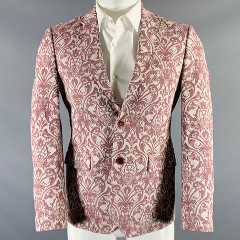 MR. GENTLEMAN Size 38 Burgundy White Damask Wool Notch Lapel Sport Coat