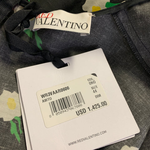 RED VALENTINO Size 8 Black Multi-Color Cotton / Polyester Floral Mid-Calf Dress