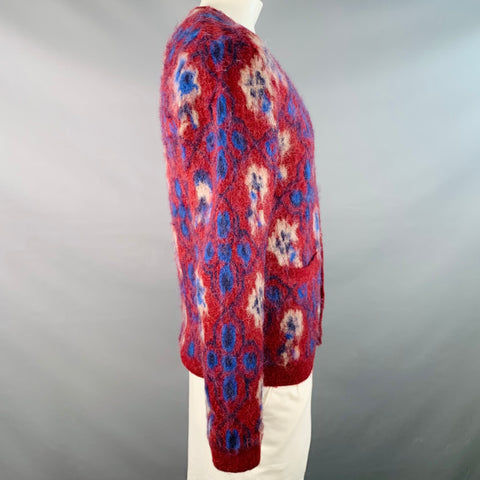 BEAMS Size M Burgundy Blue Abstract Floral Nylon Blend Knit V-Neck Cardigan
