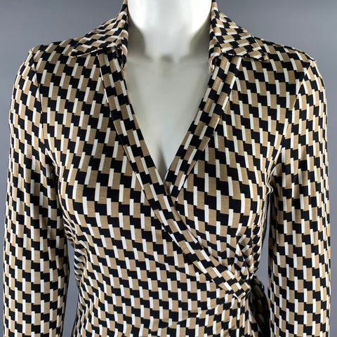 DIANE VON FURSTENBERG Size S Camel White Black Geometric Viscose Elastane Wrap Dress