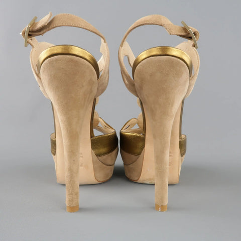 FENDI Size 9 Taupe Suede Metallic Gold Leather Peep Toe Platform Sandals FENDI