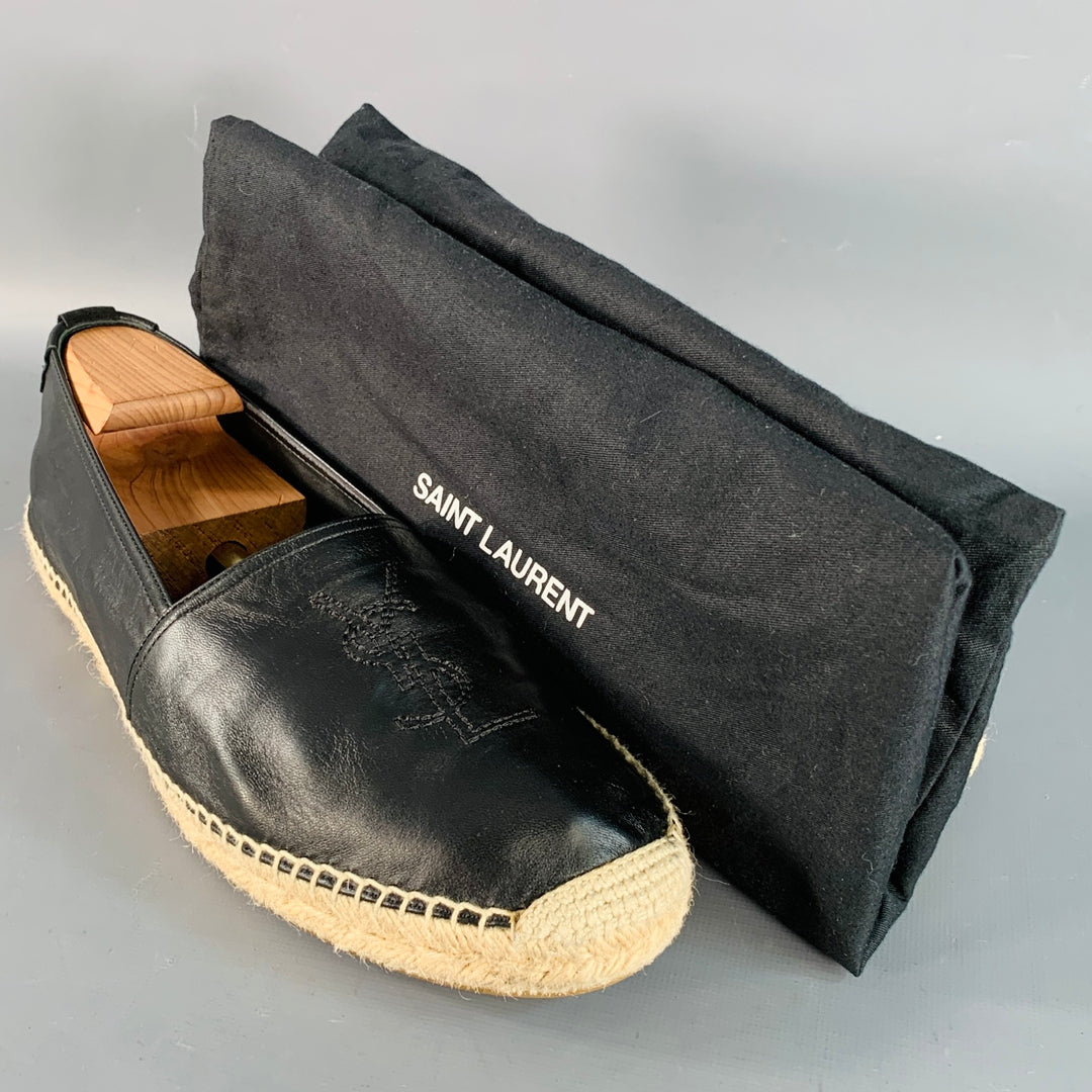 SAINT LAURENT Size 12 Black Natural Logo Leather Espadrille Sneakers