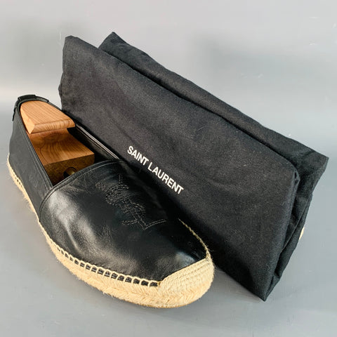 SAINT LAURENT Size 12 Black Natural Logo Leather Espadrille Sneakers
