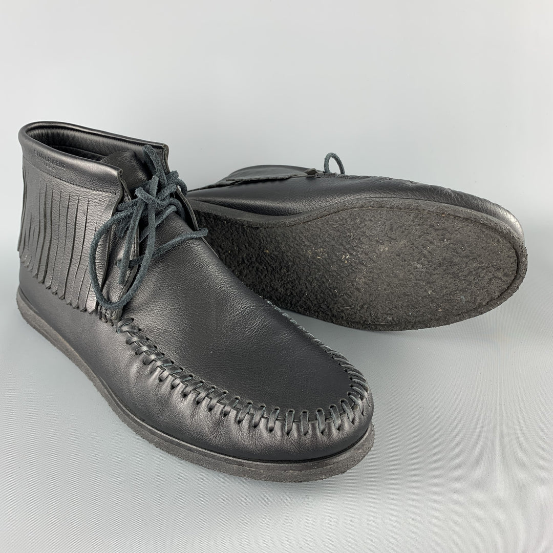 SAINT LAURENT Size 12 Black Leather Fringed Moccasin Style Boot Sneakers