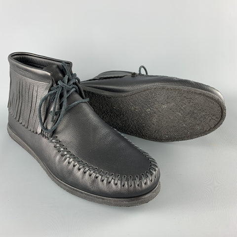 SAINT LAURENT Size 12 Black Leather Fringed Moccasin Style Boot Sneakers