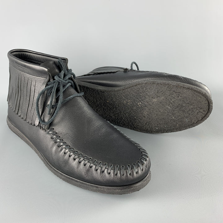 SAINT LAURENT Size 12 Black Leather Fringed Moccasin Style Boot Sneakers